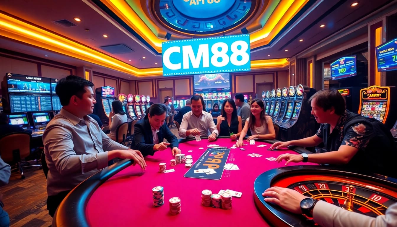 Excited players engaging at a poker table in a luxury casino setting showcasing CM88.