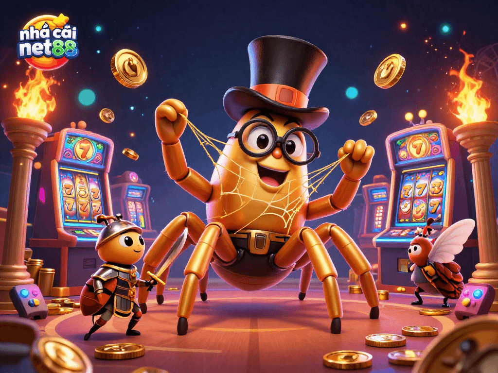 Engage with nhà cái net88 in a vibrant casino scene featuring a golden tarantula and beetle knight.