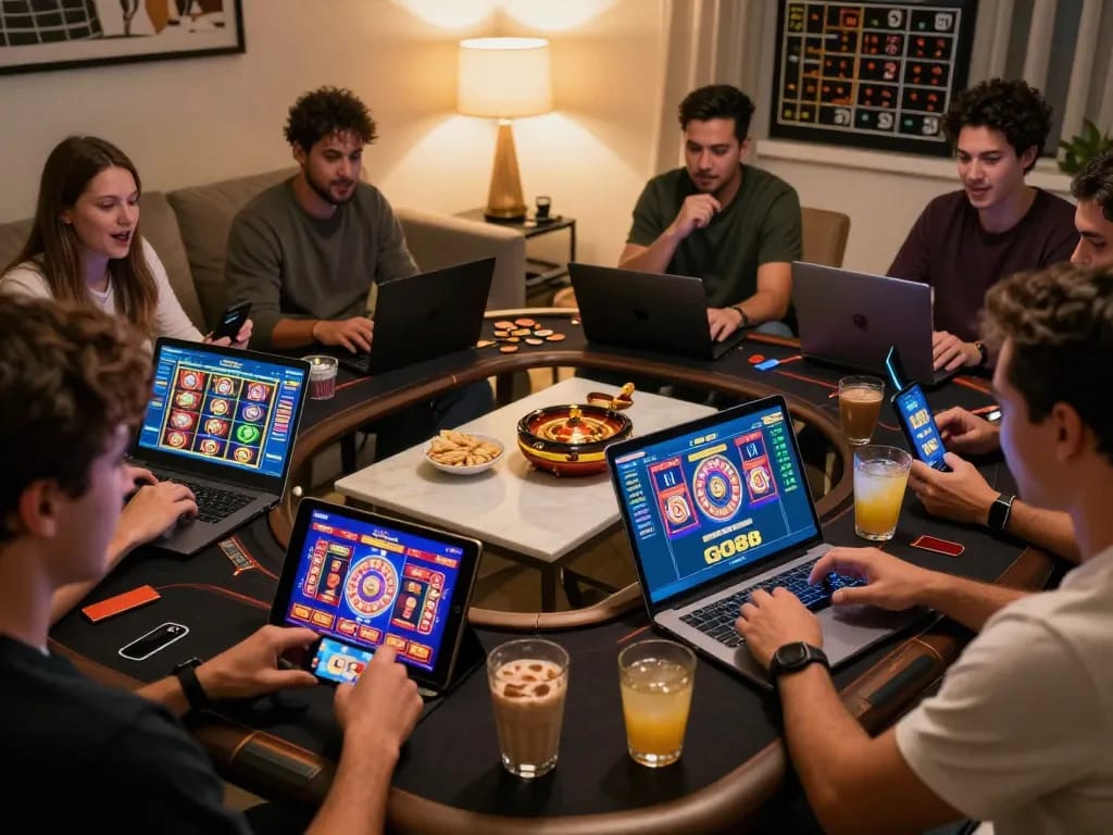 Players enjoying dynamic online casino games at home using the go 88 app, showcasing excitement and strategy.