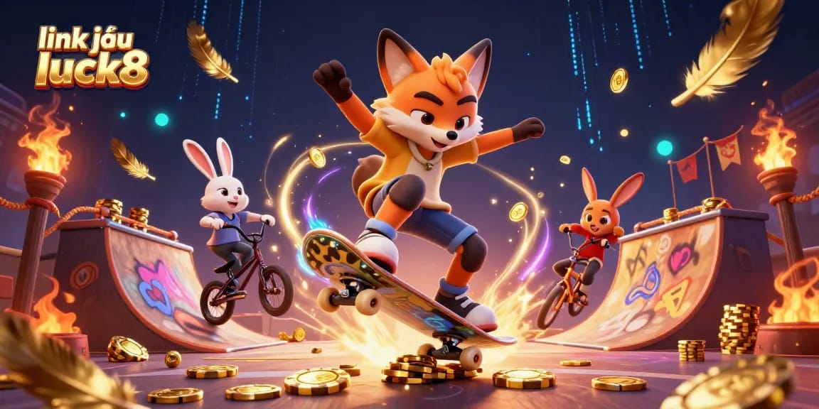 Play games and win big with link vào luck8, featuring a skateboarder fox and BMX rabbit in a vibrant casino setting.