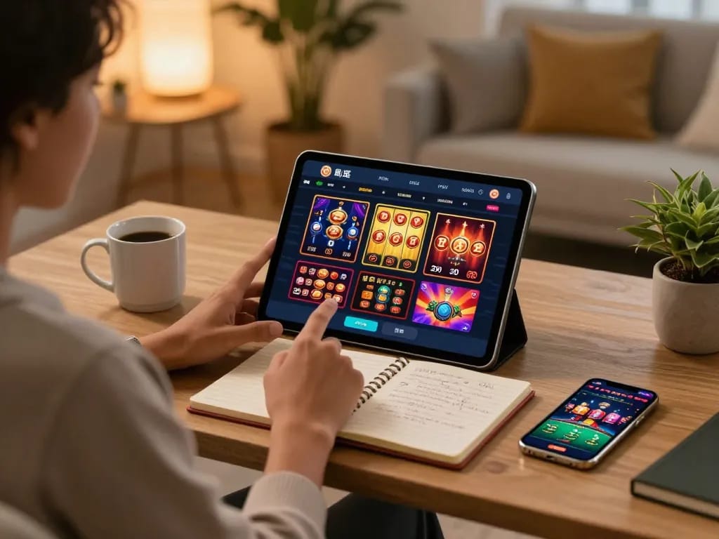 Engaging online gaming session showing lu88 uy tín on tablet with strategic notes nearby