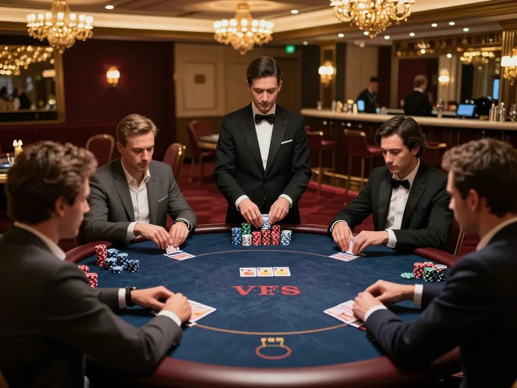 Players engaging in high stakes poker at cm88's luxurious VIP gaming table.