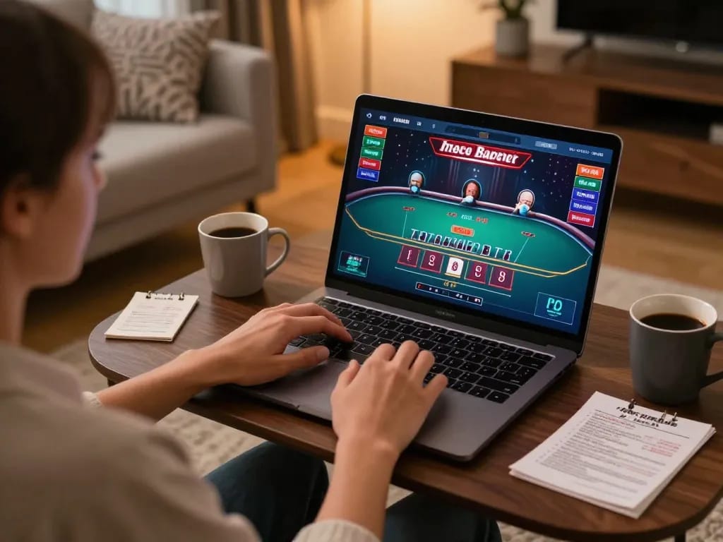 B52 online casino gaming session with live dealer baccarat, showcasing strategic gameplay and relaxed home environment.