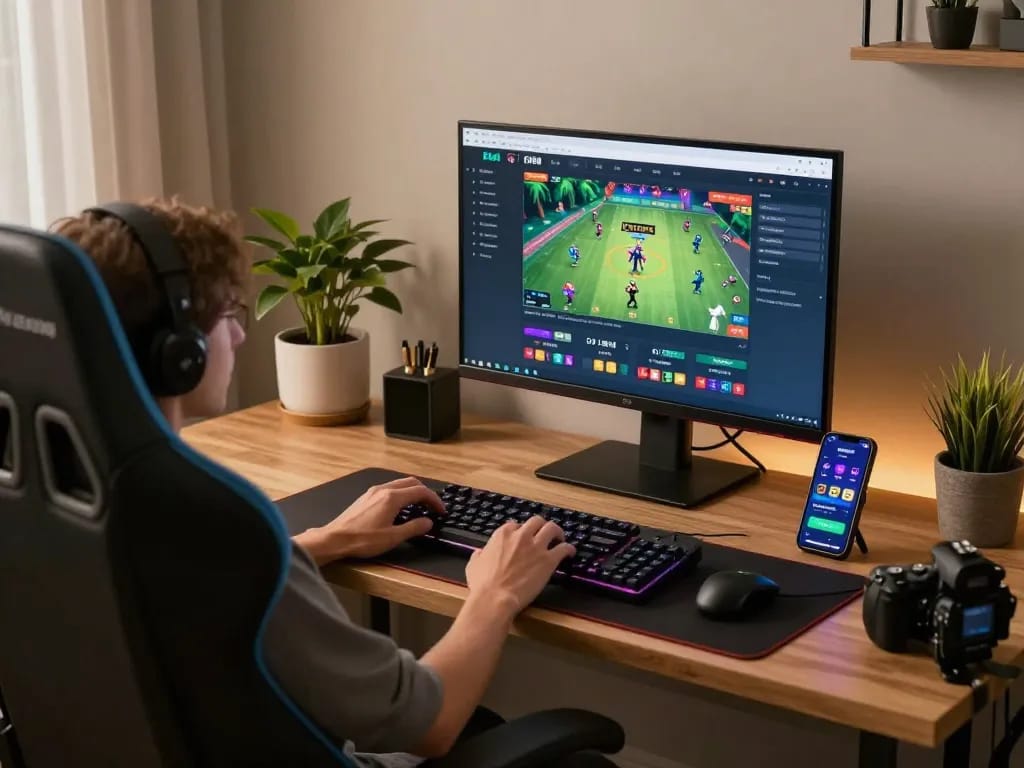 Engaging in online gambling on Five88 uy tín with a focused gaming setup, showcasing gaming strategies.