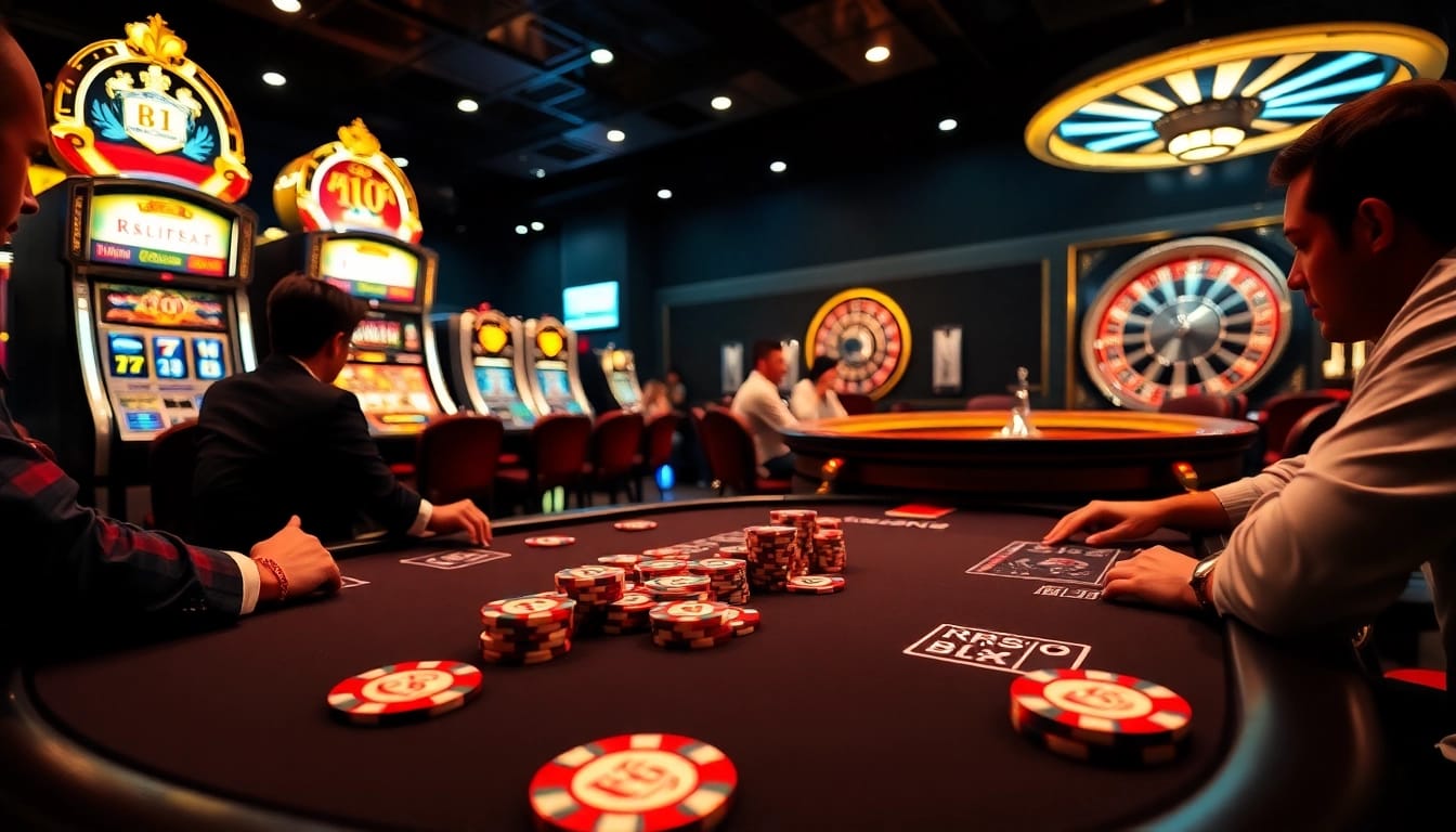 Players enjoying an intense poker game at rr88bet with vibrant chips and luxurious casino ambiance.