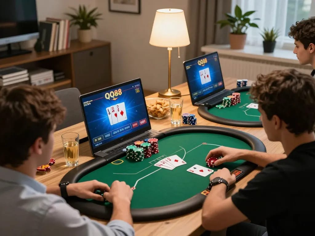 Players enjoying online poker action on QQ88 platform with vibrant screen graphics and cozy home setup.