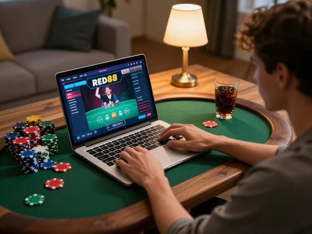 Engaging online poker action with RED88 interface displayed during home gaming session.
