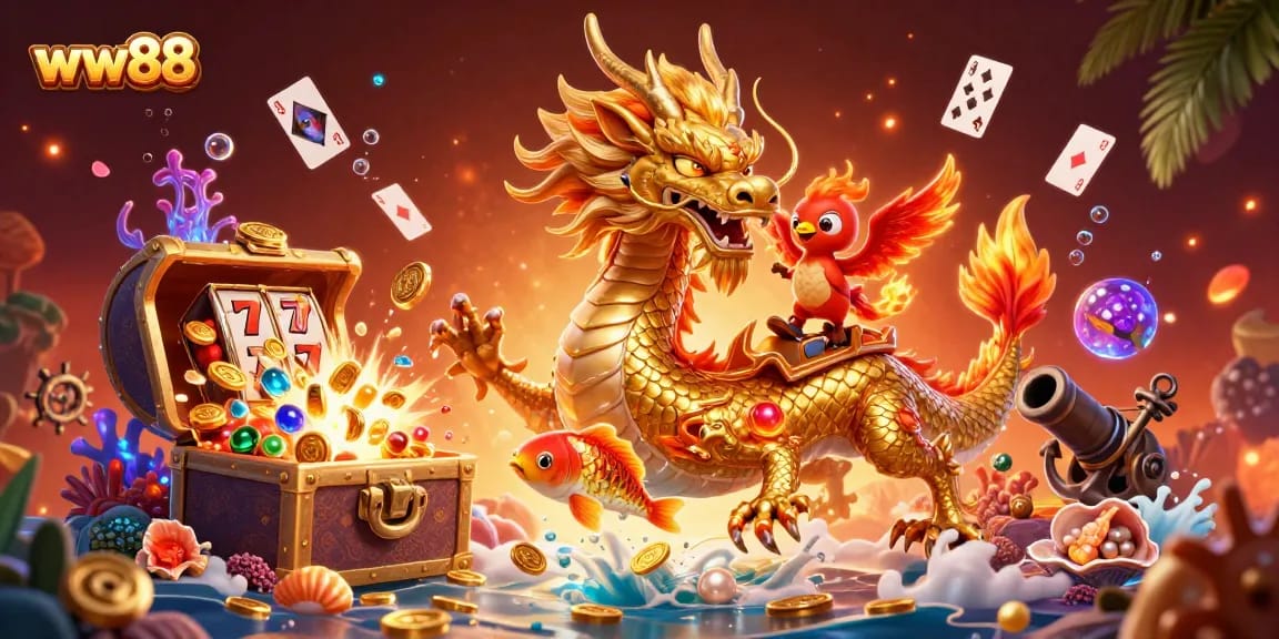 Engage in thrilling gameplay at ww88 with a vivid 3D illustration showcasing a golden dragon, phoenix, and koi fish amidst dynamic slots.