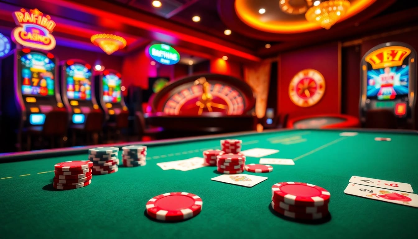 RR88 Casino: Thrilling poker gameplay with vibrant chips and a spinning roulette wheel.
