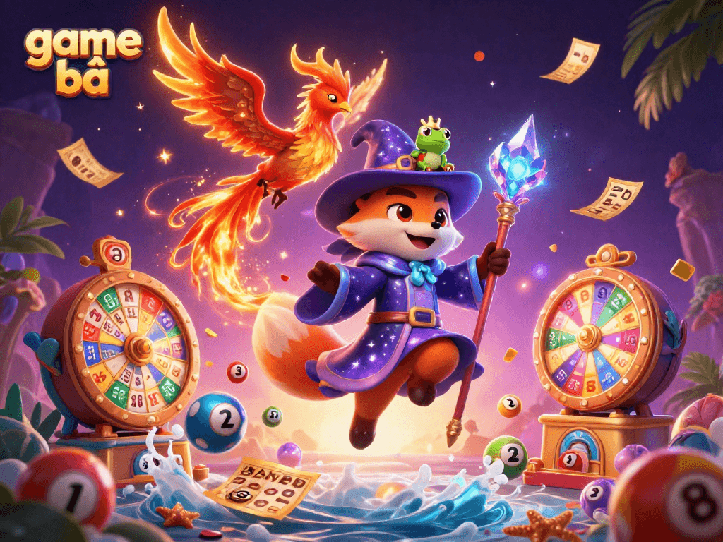 Experience thrilling game bài action with a colorful 3D illustration of a wizard, phoenix, and gaming elements.