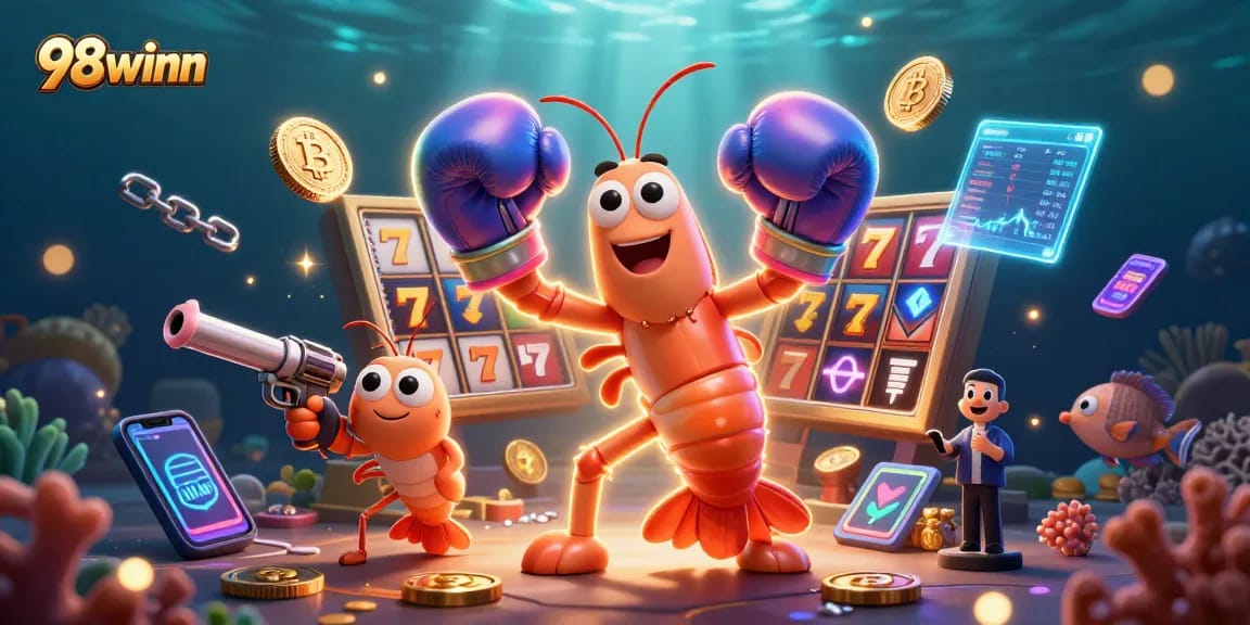 Join 98winn for an exciting slots adventure with vibrant 3D characters and crypto elements.