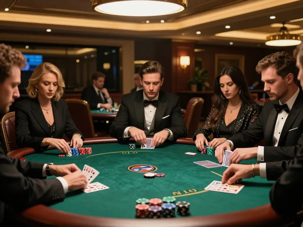 C168 poker players strategizing during an intense game in a luxurious casino atmosphere.