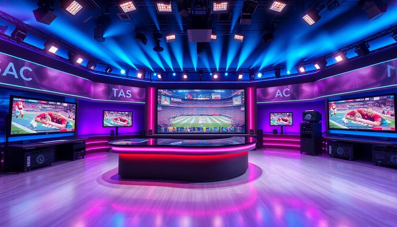 Engaging visual of a sports broadcasting studio showcasing advanced tech and vibrant atmosphere.