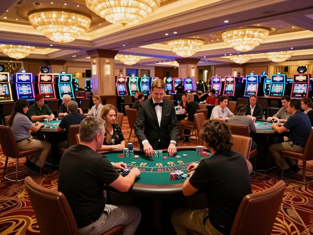 Players enjoying an exciting game of blackjack at gem88 casino with vibrant atmosphere and elegant decor.