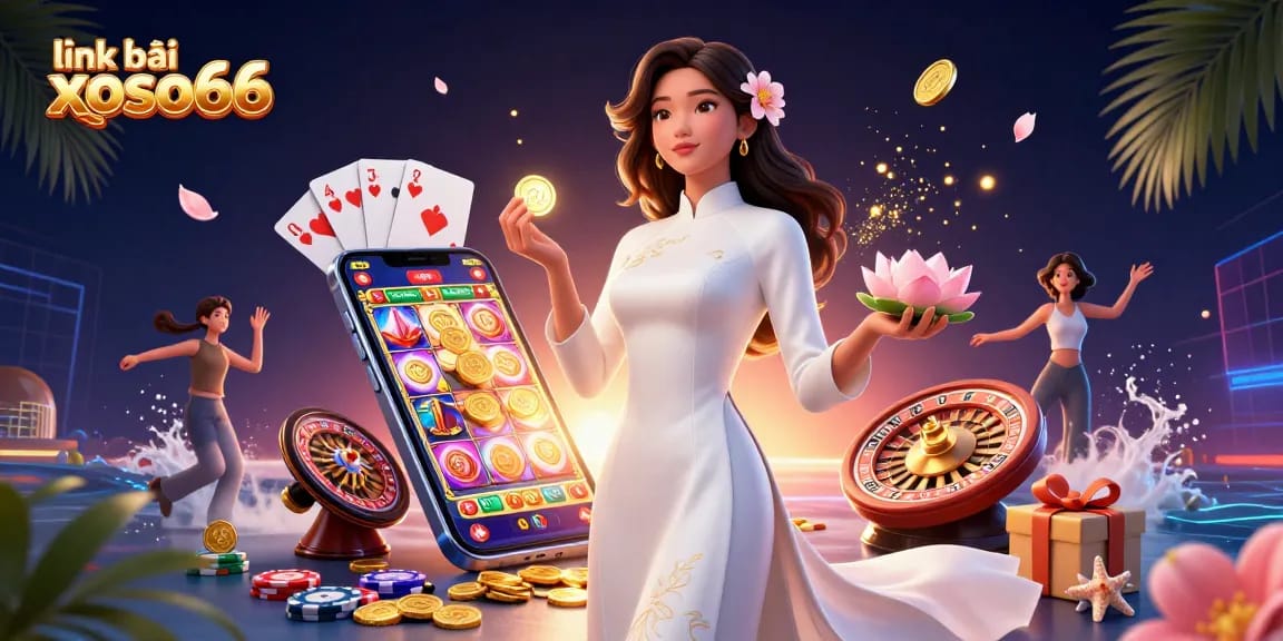 Engage in casino excitement with link vào xoso66, featuring a serene Asian woman amidst vibrant slot game elements.