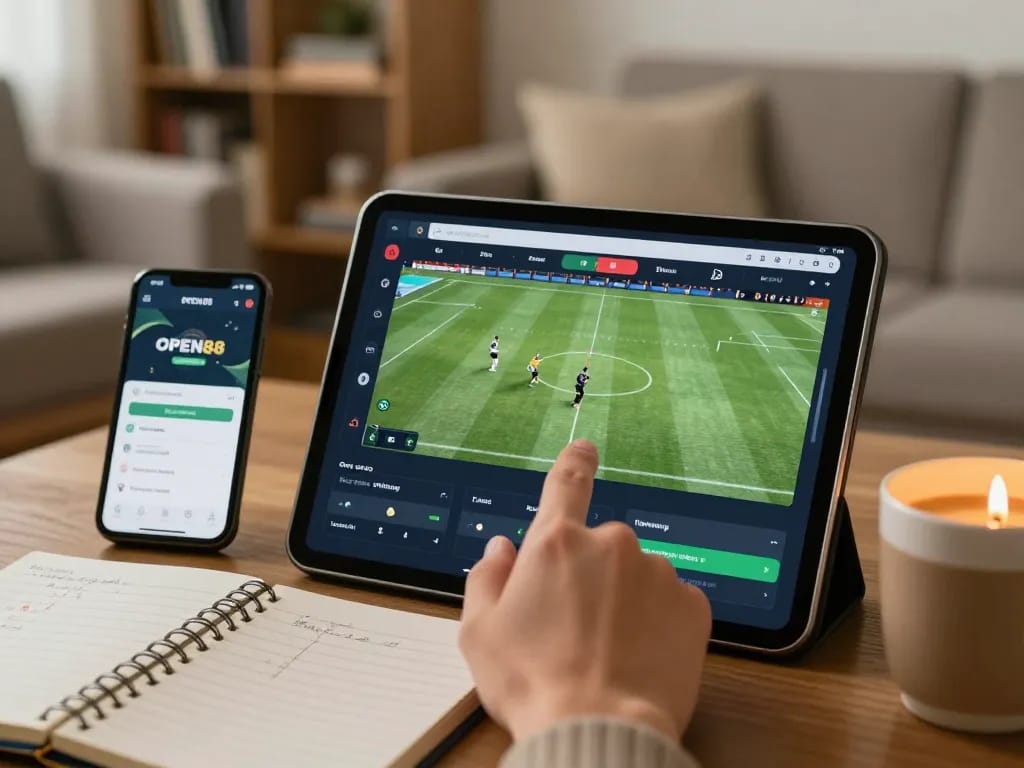 Placing a bet via OPEN88 đăng nhập app while analyzing strategies in a cozy living room.