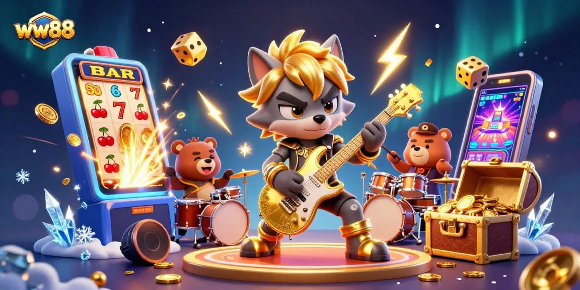 Engage with thrilling ww88 casino games featuring a vibrant 3D rock star wolf on stage with jackpot excitement.