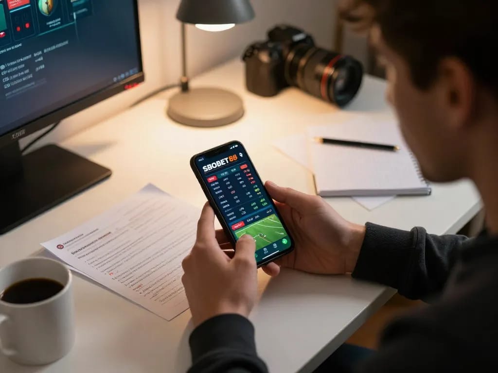 Scene taruhan olahraga mobile SBOBET88 menunjukkan pemain yang terlibat dengan aplikasi dan strategi taruhan.