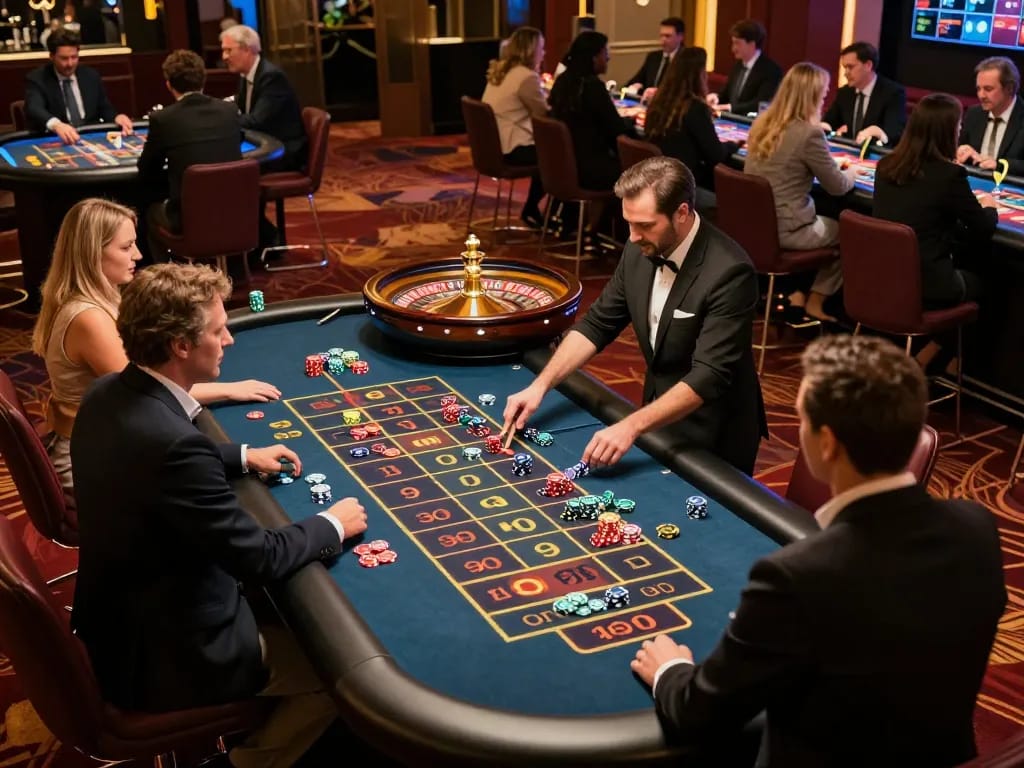 Spin the roulette wheel at an exciting casino scene for fc88 gaming experience.