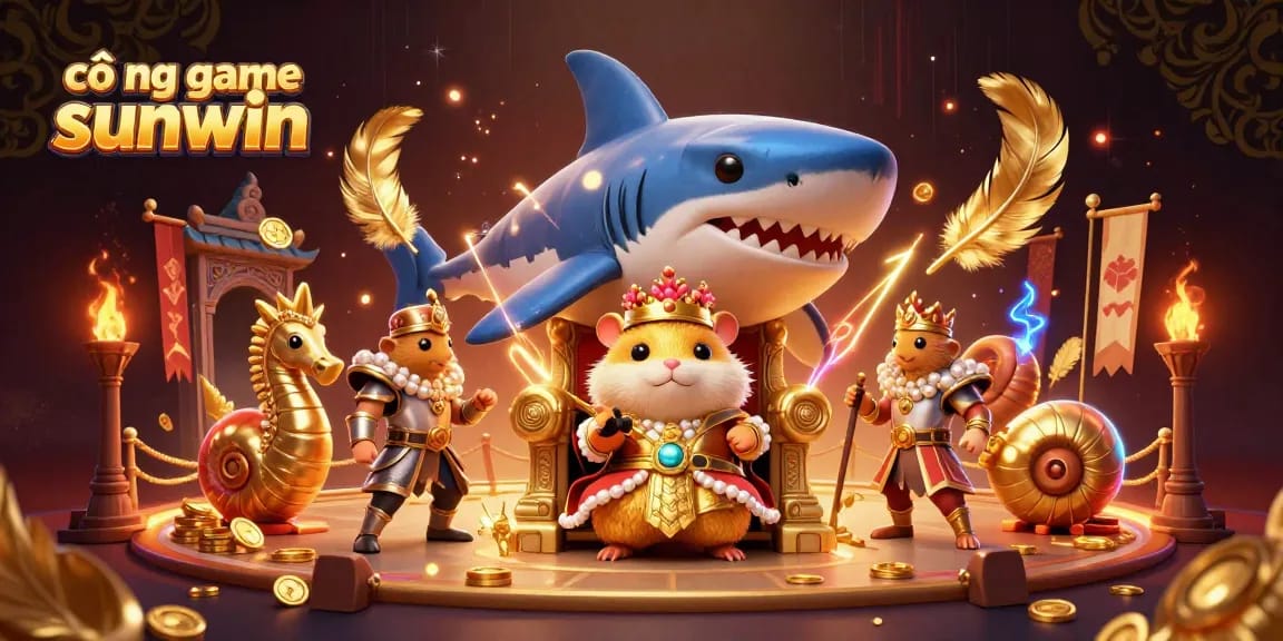 Experience the thrill of cổng game sunwin with a vibrant 3D scene featuring a golden hamster king and dynamic casino elements.