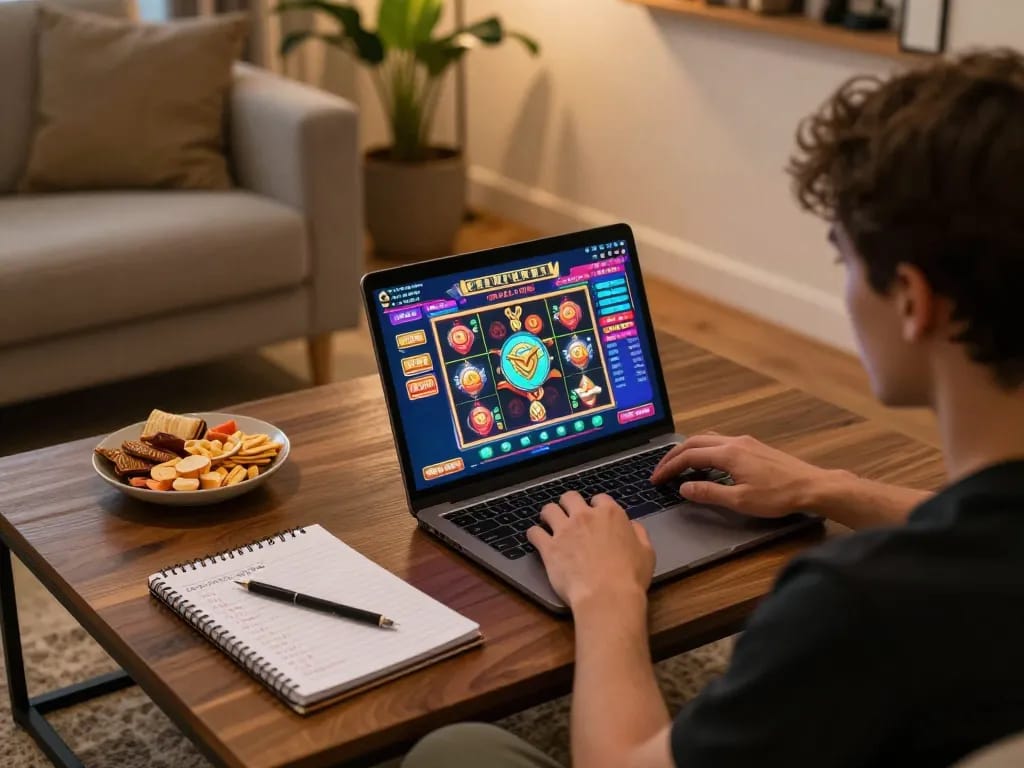 Playing slots on a laptop at home while engaging with https://bong88viva.za.com/ in a cozy setting