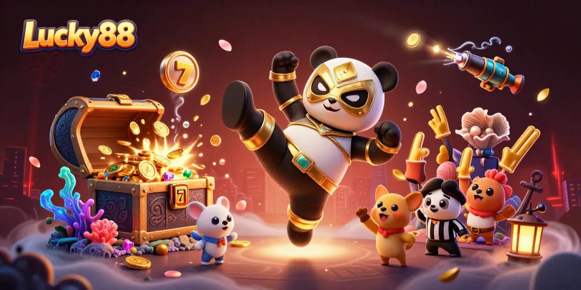 Experience exciting gameplay with Lucky88 in this vibrant 3D digital illustration featuring colorful slot themes and dynamic casino elements.