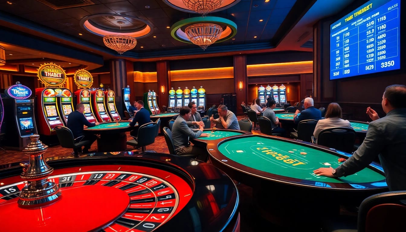 Thrilling casino action at thabet with poker, roulette, and flashing slot machines.