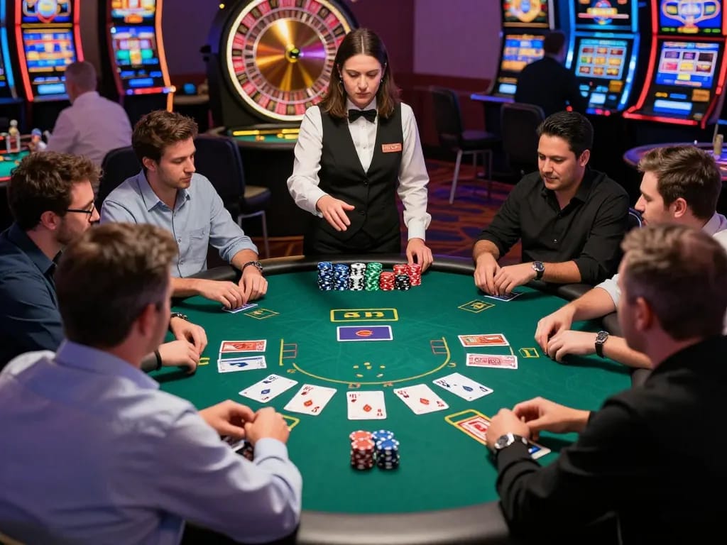 Players engage in an intense blackjack showdown at a lively casino table showcasing vipwin gaming strategies.