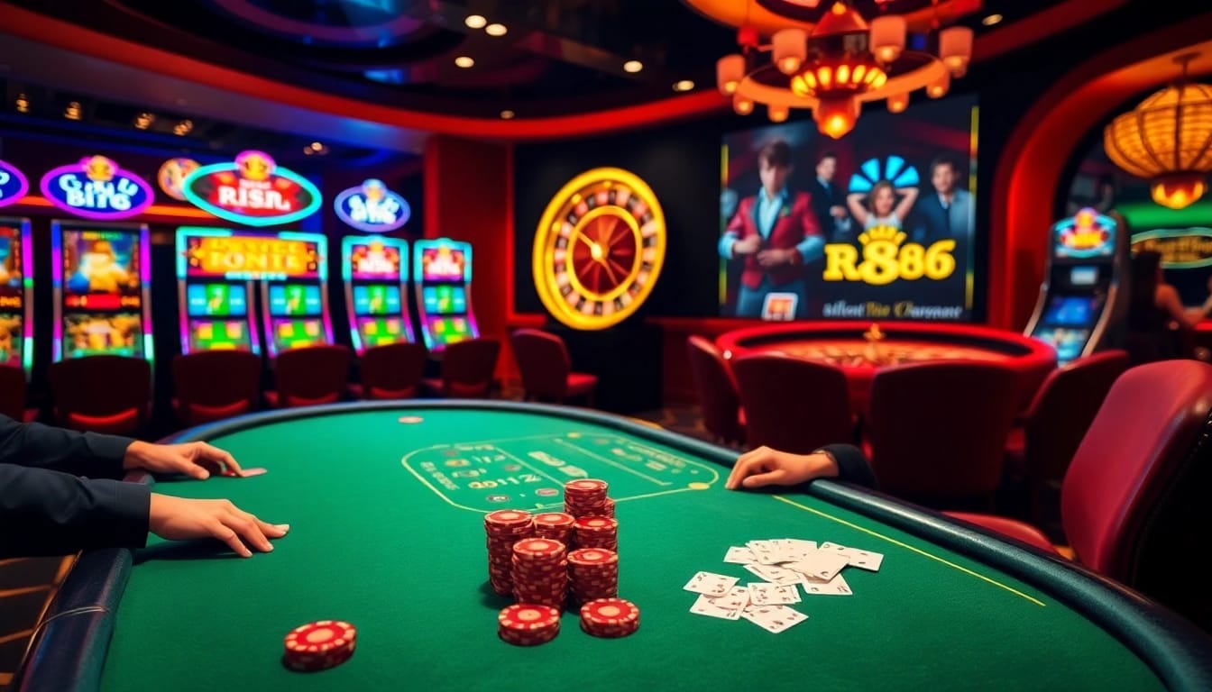 Players enjoying a game at RR88 casino, surrounded by vibrant slot machines and roulette.