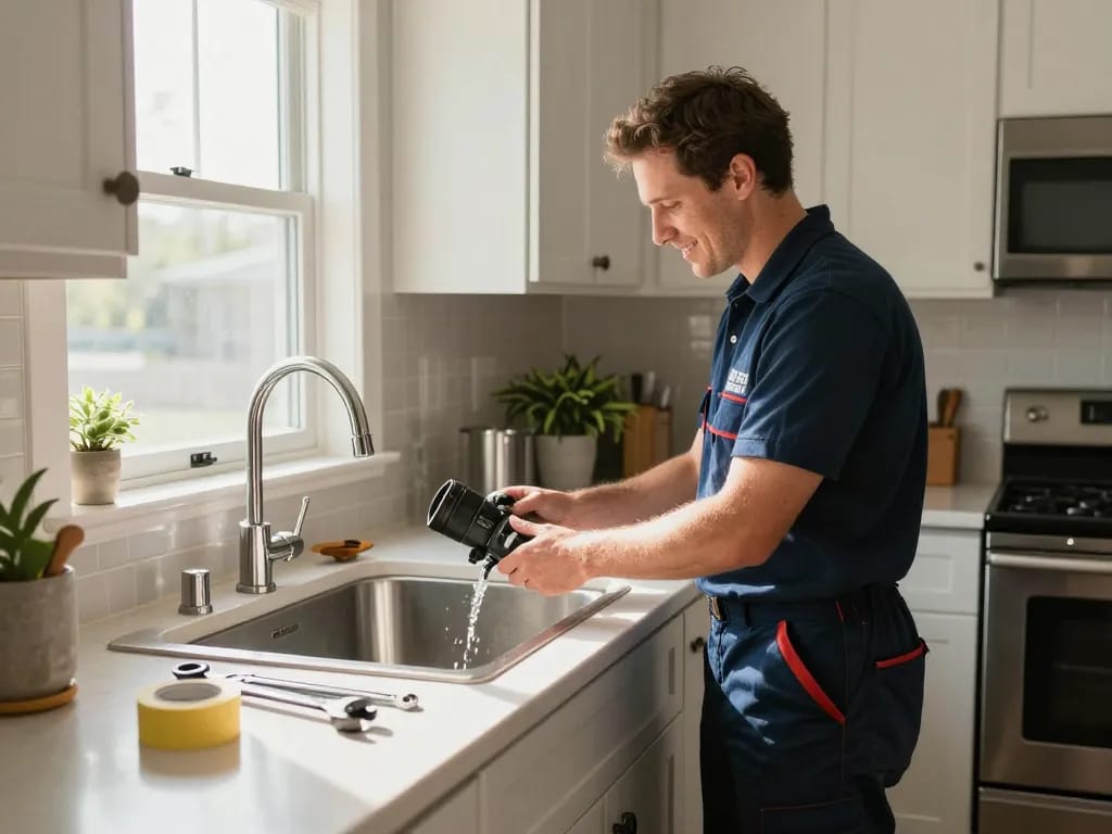 Licensed plumber in Rapid City SD fixing a kitchen sink with professional tools in a modern home.