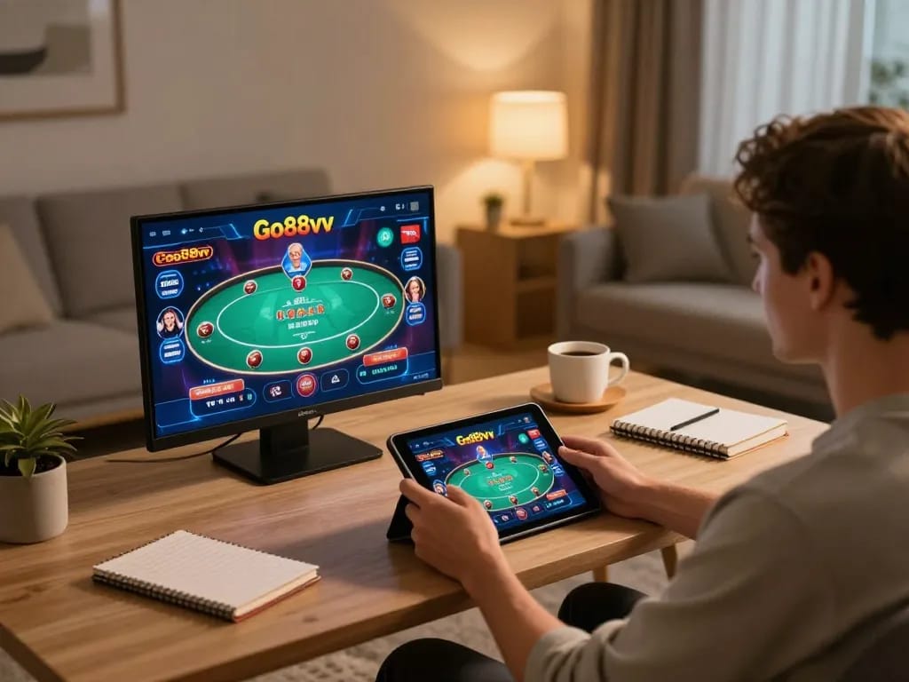 Engaged player enjoying Go88vv online poker game on tablet in cozy home setup