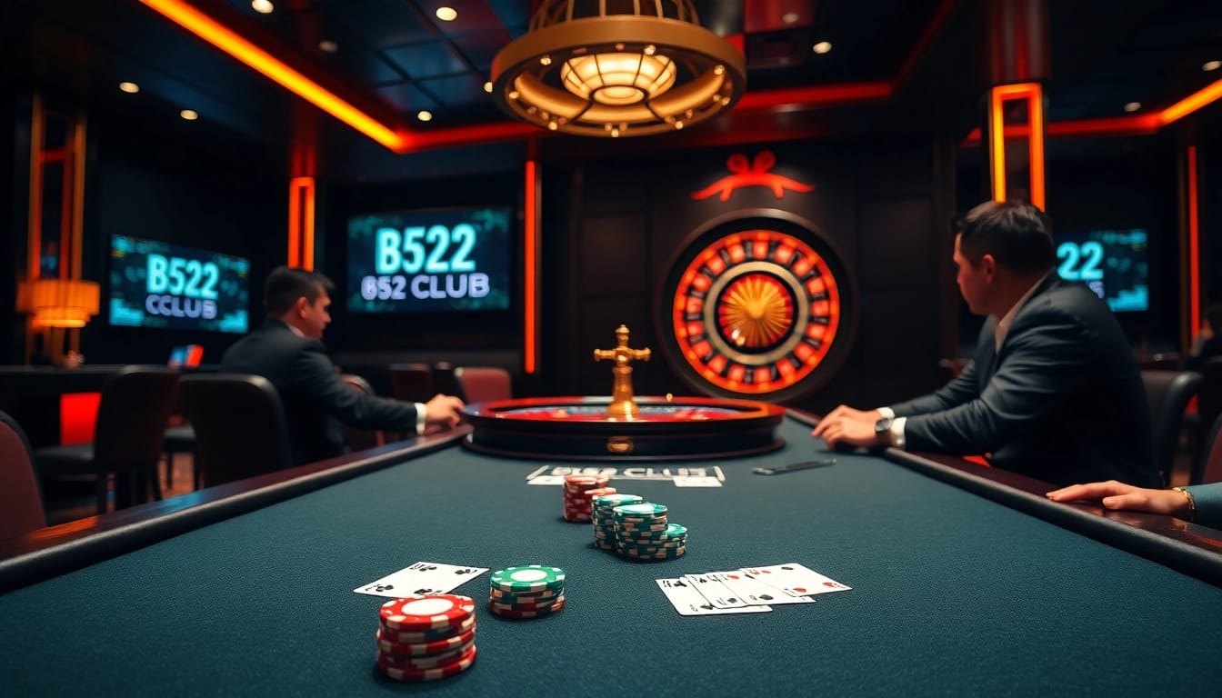 B52 CLUB players enjoying a thrilling game night at a luxurious poker table with vibrant branding.