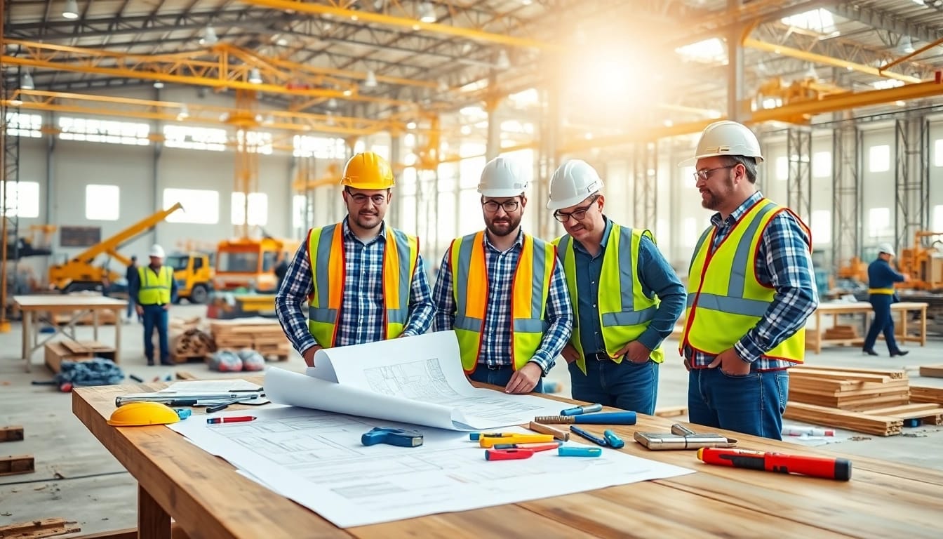 Construction association members discussing plans at a construction site, showcasing teamwork and safety.