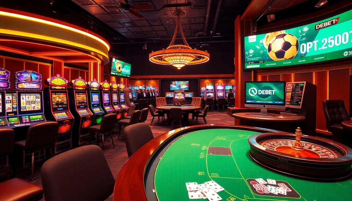 Engaged gamblers enjoying an exciting online gaming experience at Nhà Cái DEBET with vibrant casino visuals.