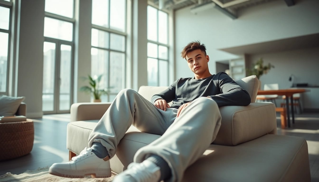 Showcasing baggy sweatpants in a casual urban setting with stylish decor and soft lighting.