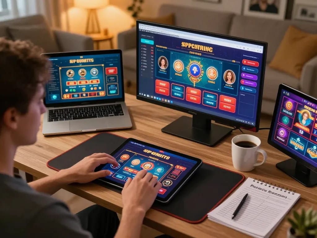 Engaged player enjoying F168's mobile gaming experience at home with a tablet and betting notes.