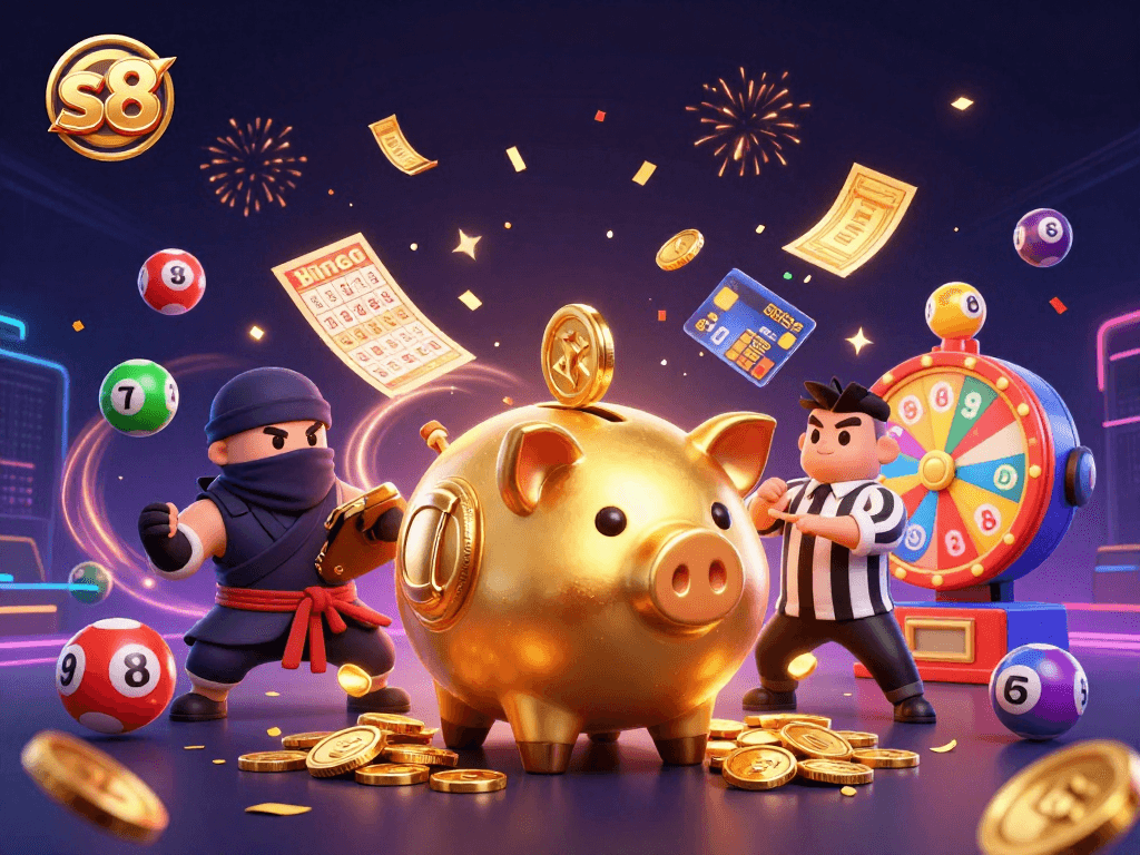 S8 introduces dynamic gaming action with a golden piggy bank sumo wrestler amidst vibrant casino elements.