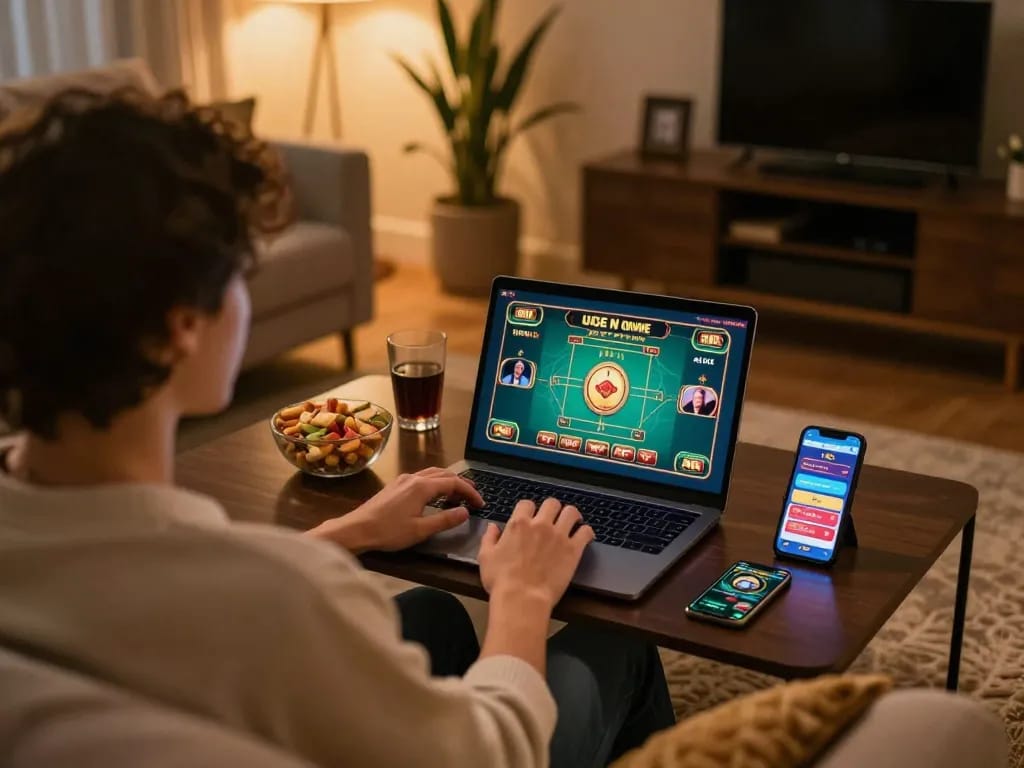 Engaging in online gaming at home with C168 on a laptop, creating a cozy gambling atmosphere.