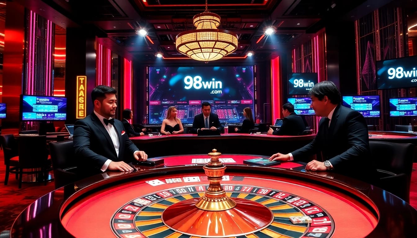 Experience thrilling gameplay at 98win com with vibrant casino visuals featuring live dealers and poker tables.