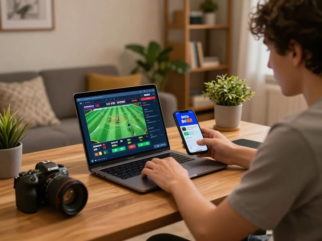Bet88 online sports betting scene with user placing strategic bets on laptop and smartphone