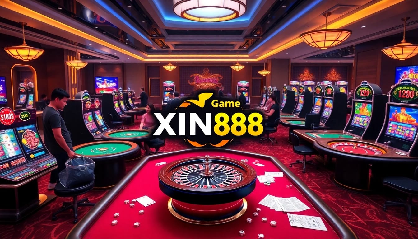 Cổng Game XIN88 providing an exciting online gambling experience with digital tables and vibrant slot machines.