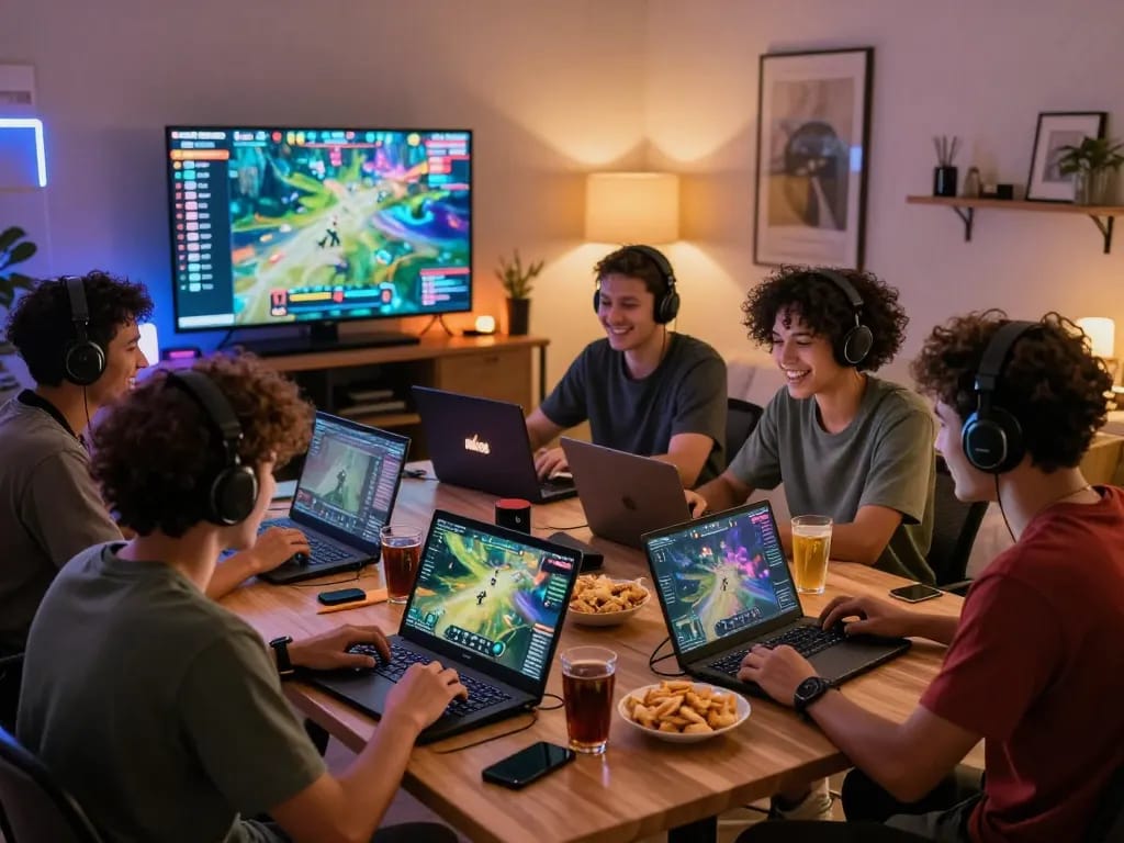 Group enjoying online gaming on Rikvip platform in a vibrant living room setting.