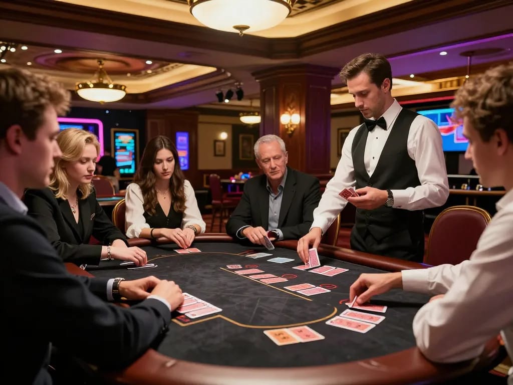Players engaging in intense blackjack game at 888new with stylish decor and warm casino lighting.