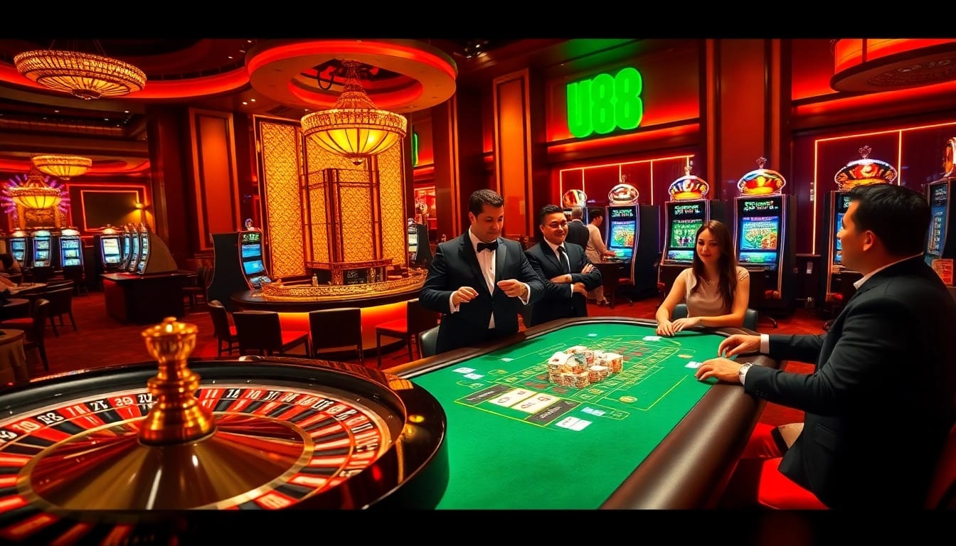 Engaging scene at https://uu88u.jp.net/ with players enjoying roulette and poker in a luxurious atmosphere.