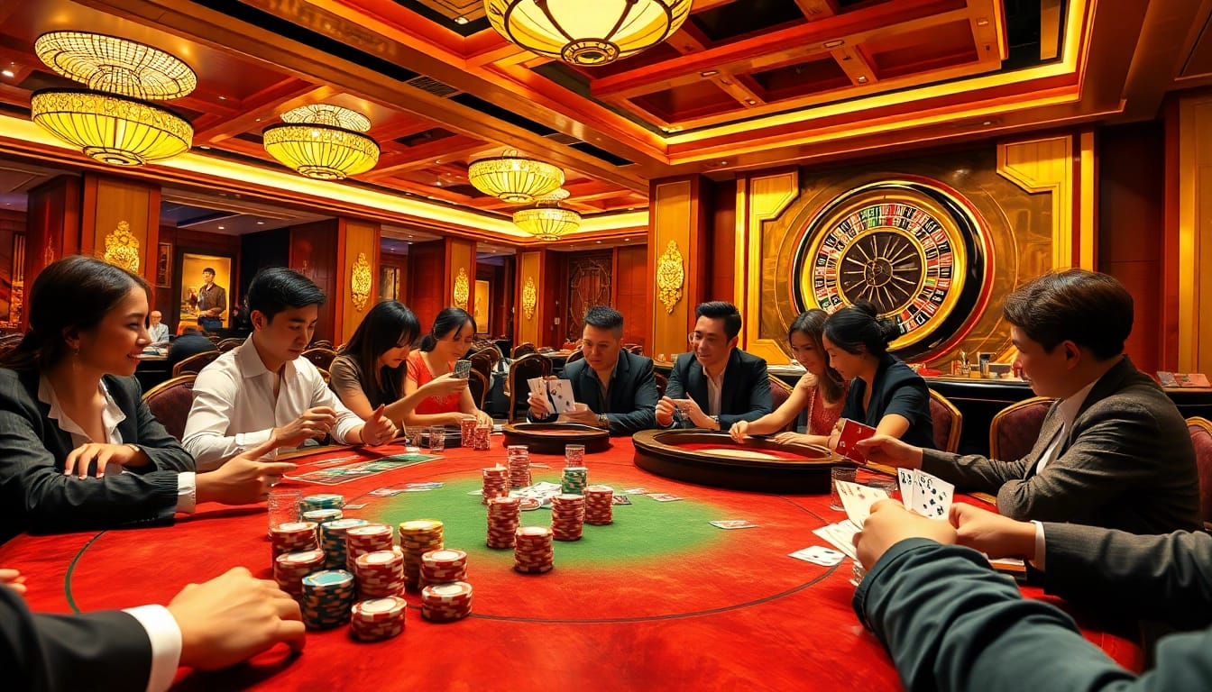 Players enjoy a thrilling poker game at Xin88, showcasing vibrant chips and cards in an upscale casino setting.