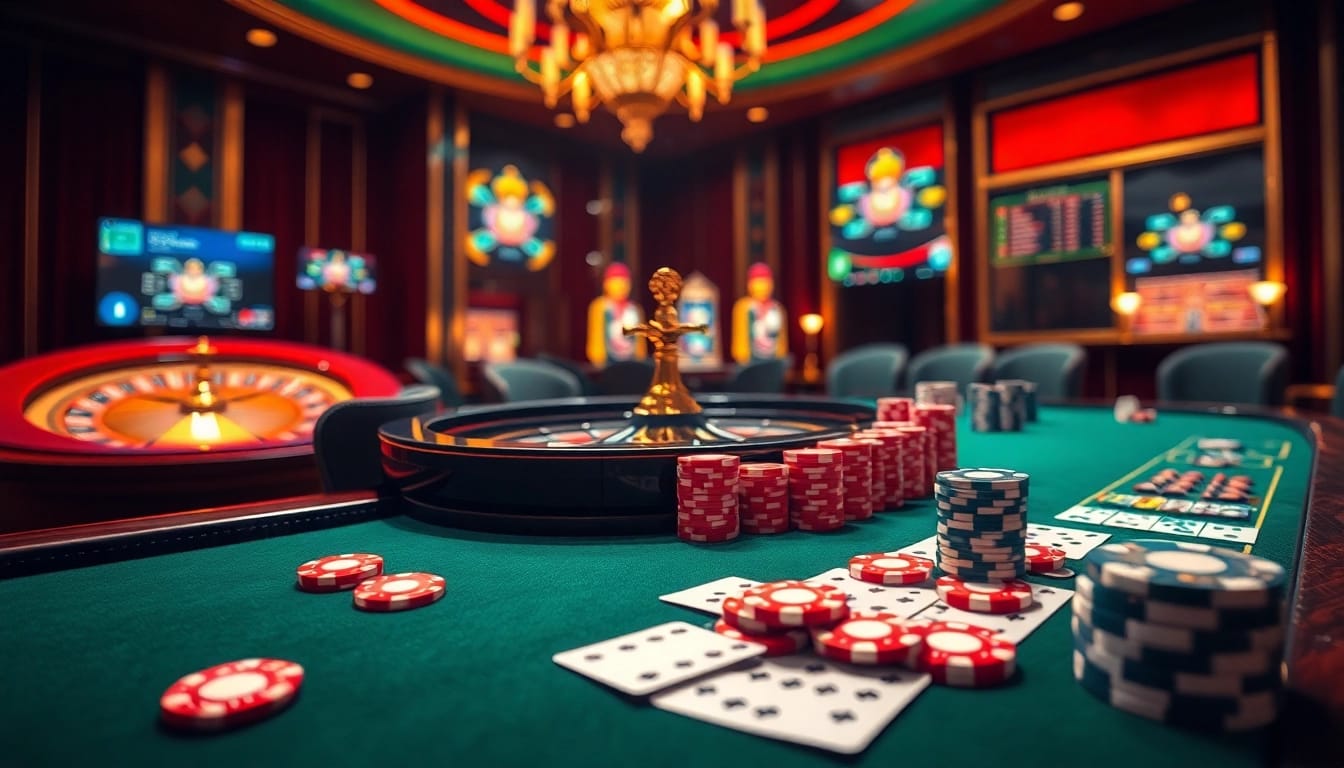 Exciting casino scene with poker chips and roulette wheel representing https://win678.ac/ for gamblers.