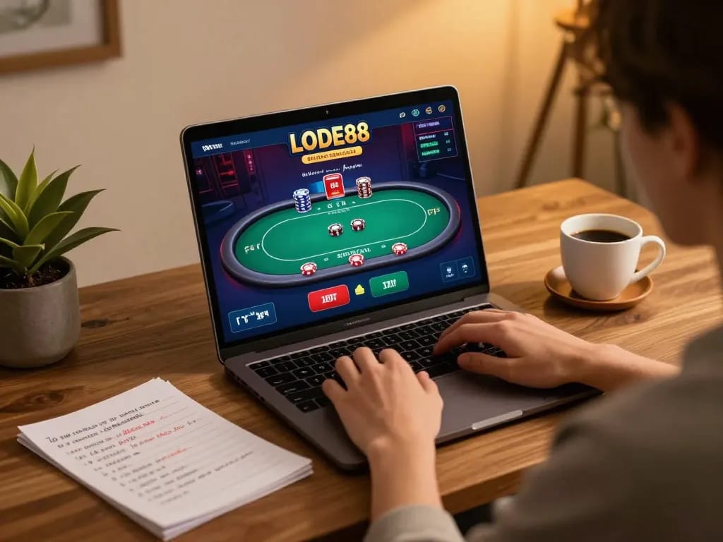 Engaging in LODE88 online poker gameplay at home with strategic notes and warm ambiance.