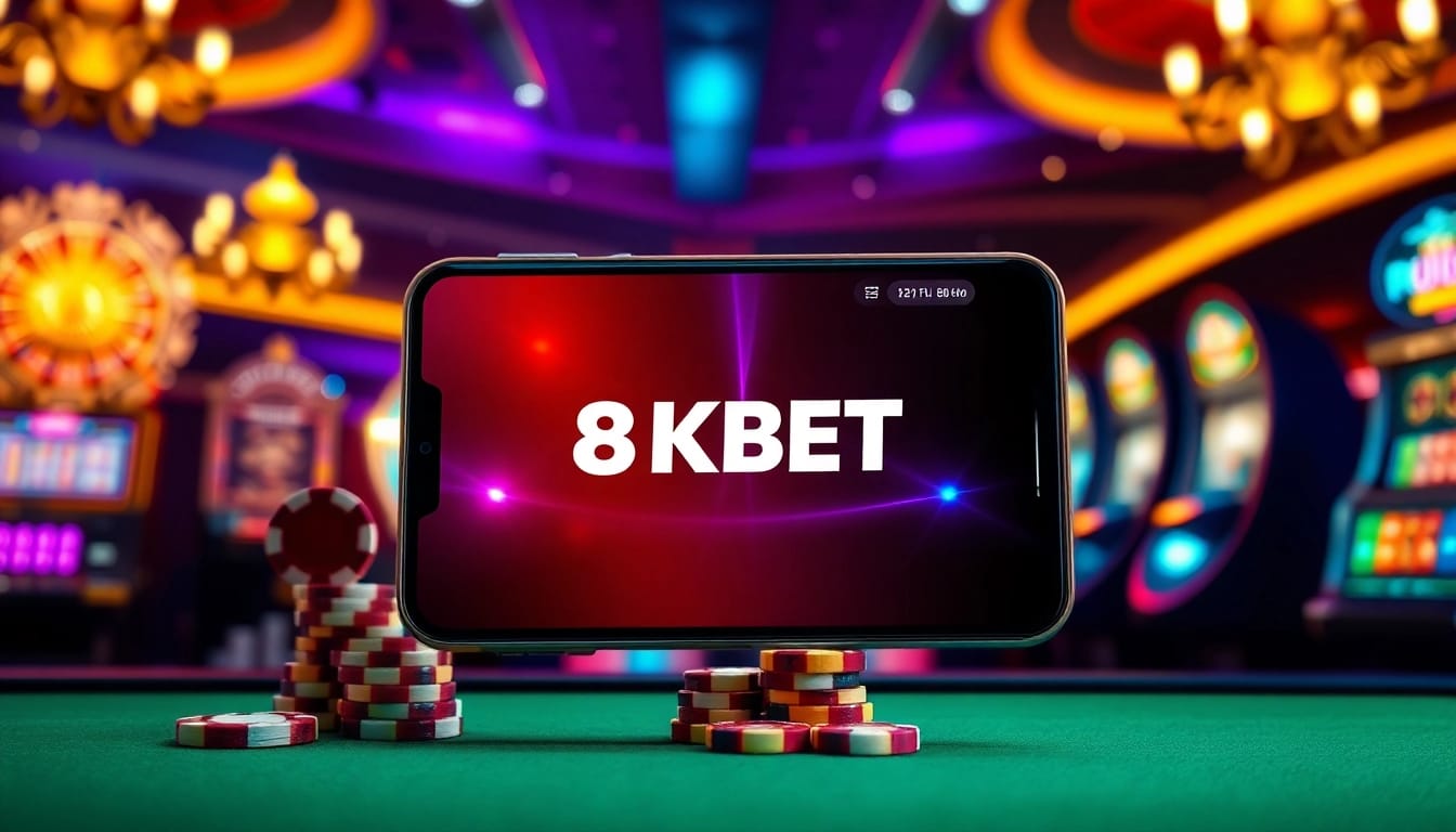 Tải app 8KBET on a luxurious smartphone, showcasing a dynamic gambling interface amidst poker chips and casino decor.