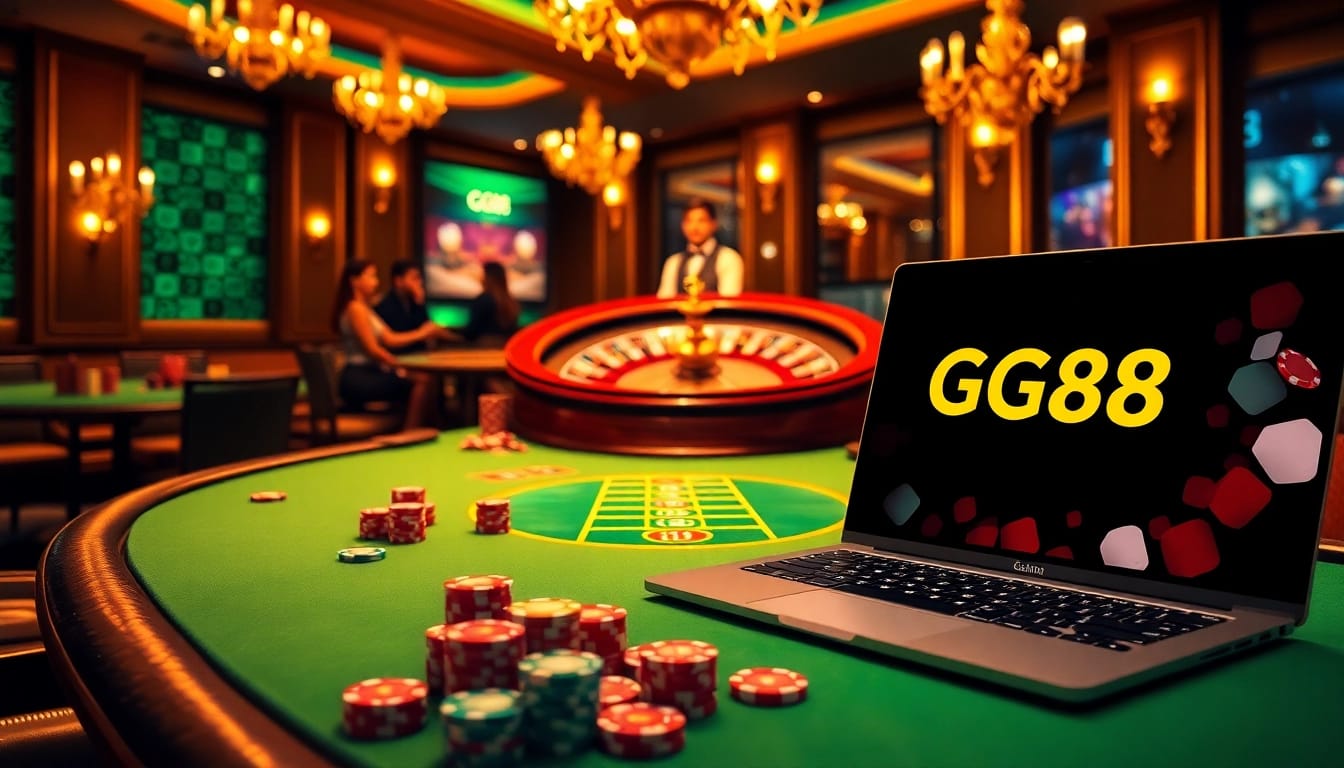 Experience the thrill of GG88 with vibrant casino tables, poker chips, and roulette wheels.