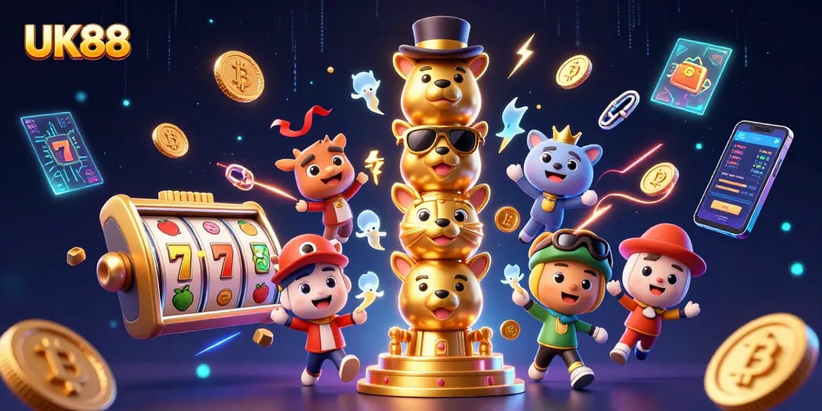 Engage with UK88's dynamic casino theme featuring colorful slot symbols and crypto elements.